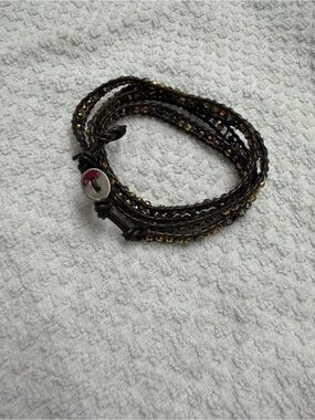 Y2K Victoria Emerson Gold Brown Leather Wrap Bracelet Boho Layered Adjustable